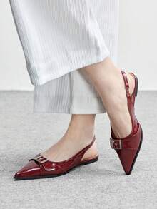 CUCCOO BIZCHIC Pointed Toe Patent Leather Mule Shoes, Suitable For Commuting And French Chic Style, Featuring Metal Buckle Accent For Luxe Touch - Burgundy - View 3