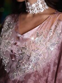 SHEIN Najma V-Neck Pearl Embellished Flared Sleeve Ribbon Waist Tie Turkish & Arabic Traditional Maxi Dress For Women