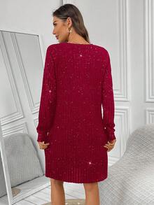 EMERY ROSE 女士时尚通勤闪亮迷你连衣裙 - 酒紅色 - 查看 2