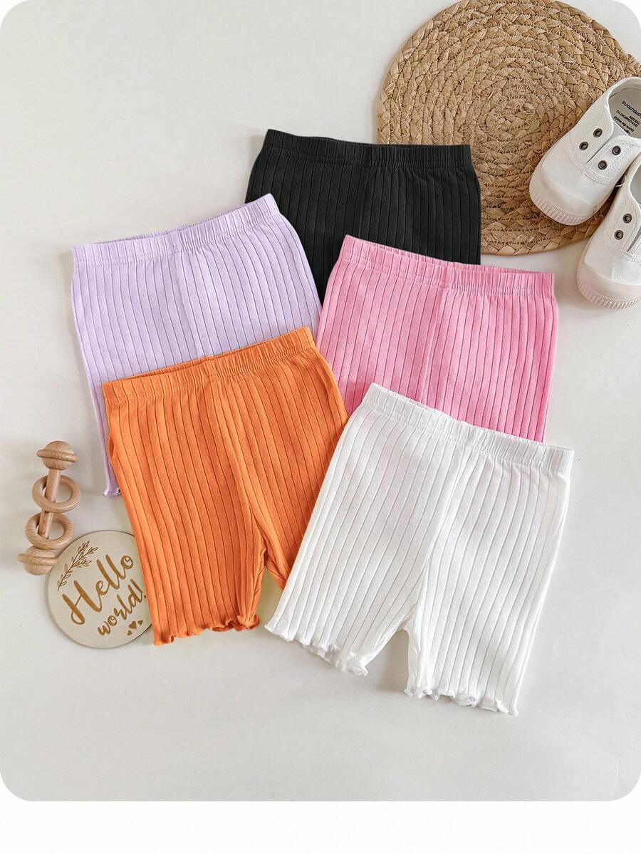 5pcs Baby Girls' Casual Solid Color Elastic Waist Shorts Set - Multicolor - View 1