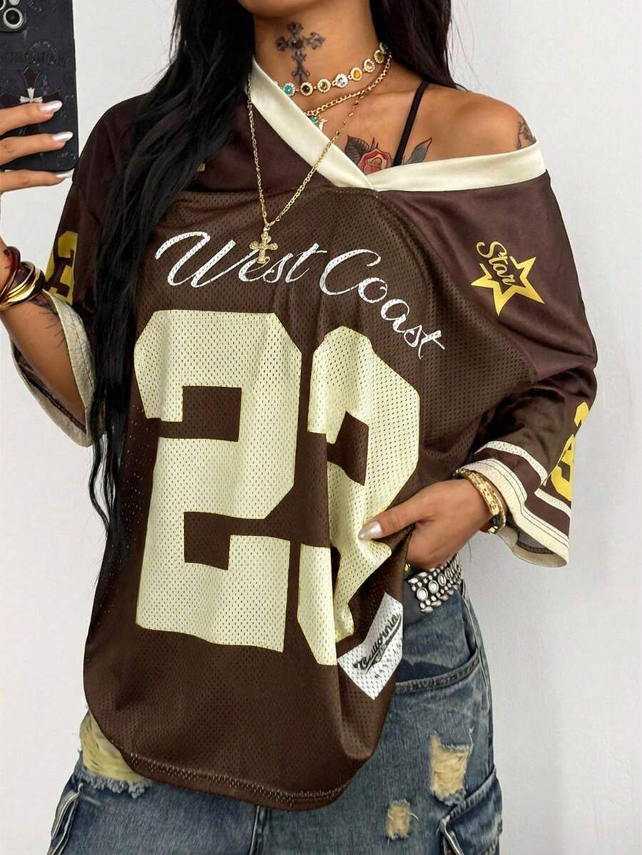 Coolane Women's Spring And Summer For Festival And Going Out Vintage Y2K Number Pattern Graphics Baseball Jersey T-Shirt - Multicolor - View 1