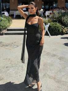 Firerie 女士新款复古黑色波点修身鱼尾连衣裙，时尚春夏连衣裙，性感优雅波点连衣裙，鱼尾裙，胸部褶皱设计，荷叶边吊带连衣裙，婚礼派对连衣裙，约会连衣裙，适合通勤，优雅，性感，度假，海滩，波西米亚风，夏威夷风，音乐节，派对，工作场合 - 黑色 - 查看 2