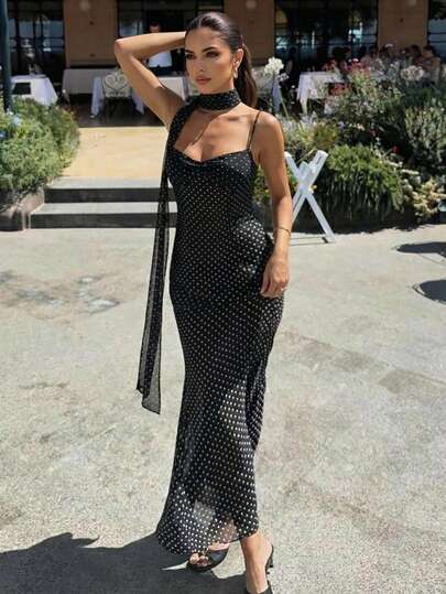 Firerie Women's New Vintage Black Polka Dot Fitted Fishtail Dress, Fashionable Spring/Summer Dress, Sexy Elegant Polka Dot Dress, Fishtail Dress, Pleated Bust Design, Flounce Spaghetti Strap Dress, Wedding Party Dress, Date Dress, Suitable For Commuting, Elegant, Sexy, Vacation, Beach, Bohemian, Hawaiian, Music Festival, Party, Work