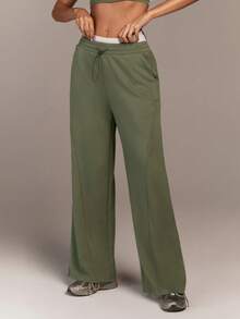 Menodora SHEIN Sport Women's Solid Color Drawstring Waist Pockets Wide Leg Loose Casual Sweatpants - Army Green - View 4