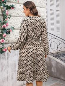 Miaspire Plus Size Women V-Neck Geometric All-Over Print Elegant Waist Cinched Long Sleeve Party Dress For Summer/ Vacation,Spring Break Outfits - Khaki - View 2