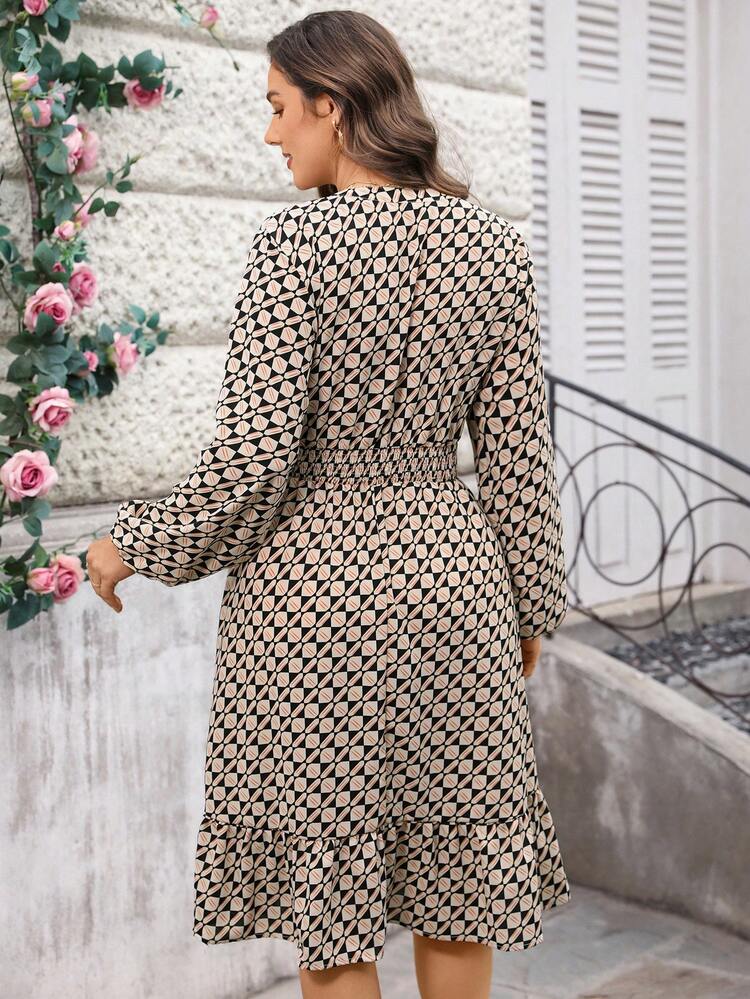 Plus Size Women V-Neck Geometric All-Over Print Elegant Waist Cinched Long Sleeve Party Dress For Summer/ Vacation,Spring Break Outfits