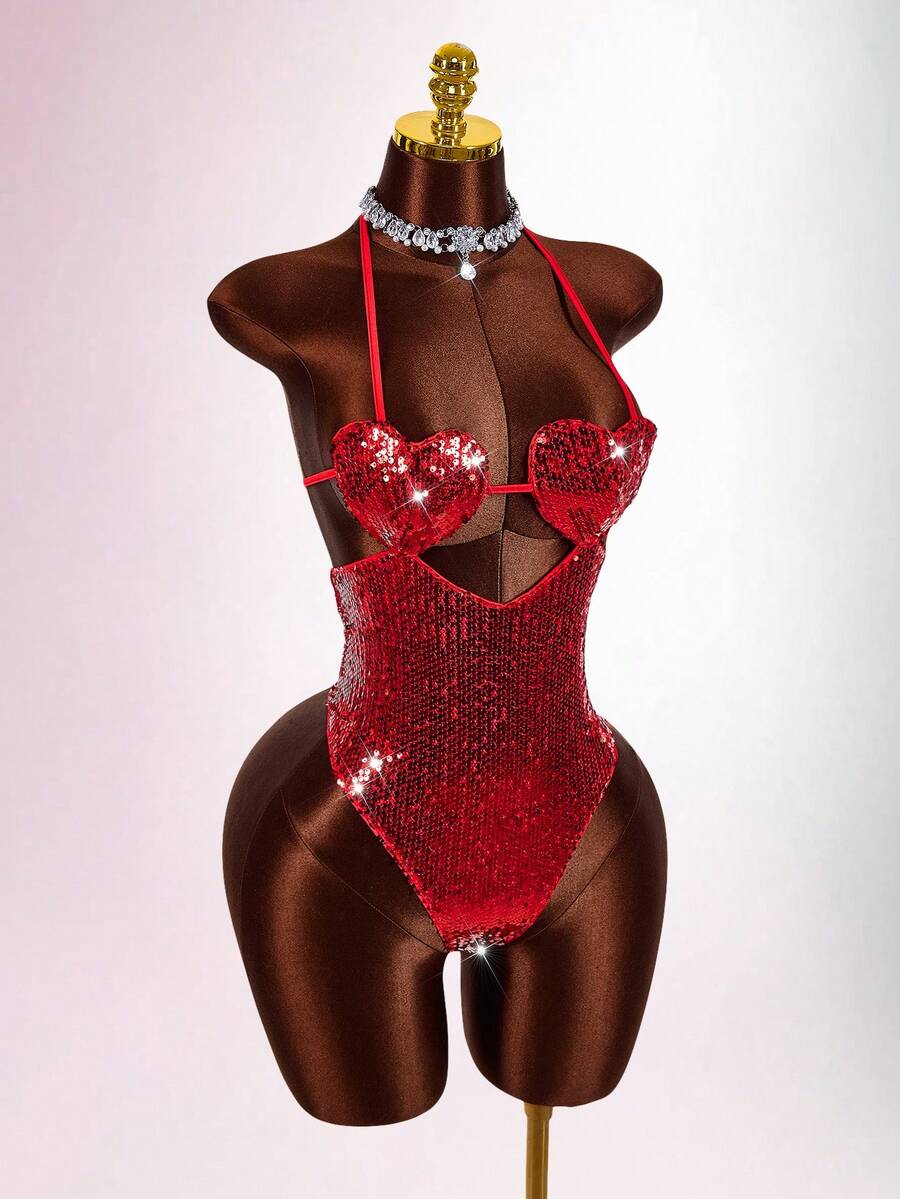 Amplova 女士红色镂空心形胸衣连体衣，性感时尚，适合情人节、新年、约会之夜 - 紅色 - 查看 1
