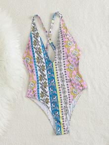 Bonvoyette 女士春夏沙滩音乐节印花V领露背甜美可爱风格连体泳衣 - 彩色 - 查看 6