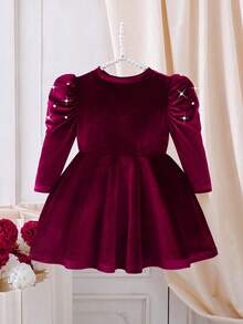 Baby Girls' Velvet Crew Neck Long Sleeve Beaded A-Line Dress, Burgundy, Suitable For New Year, Party, Christmas, Autumn/Winter - Burgundy - View 2