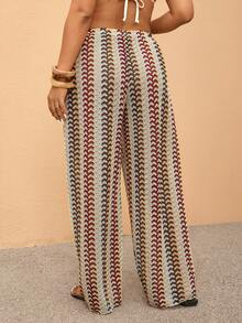 Elaquor Plus Size Striped Print Elastic Waist Casual Cover-Up Pants , Spring - Multicolor - View 2