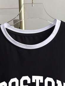 Franclia Women's Color Block Letter Print Short Sleeve Casual Round Neck T-Shirt - Black - View 3