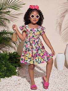 Young Girl Casual Vacation Cute Floral Backbow Cap Sleeve Dress - Multicolor - View 2