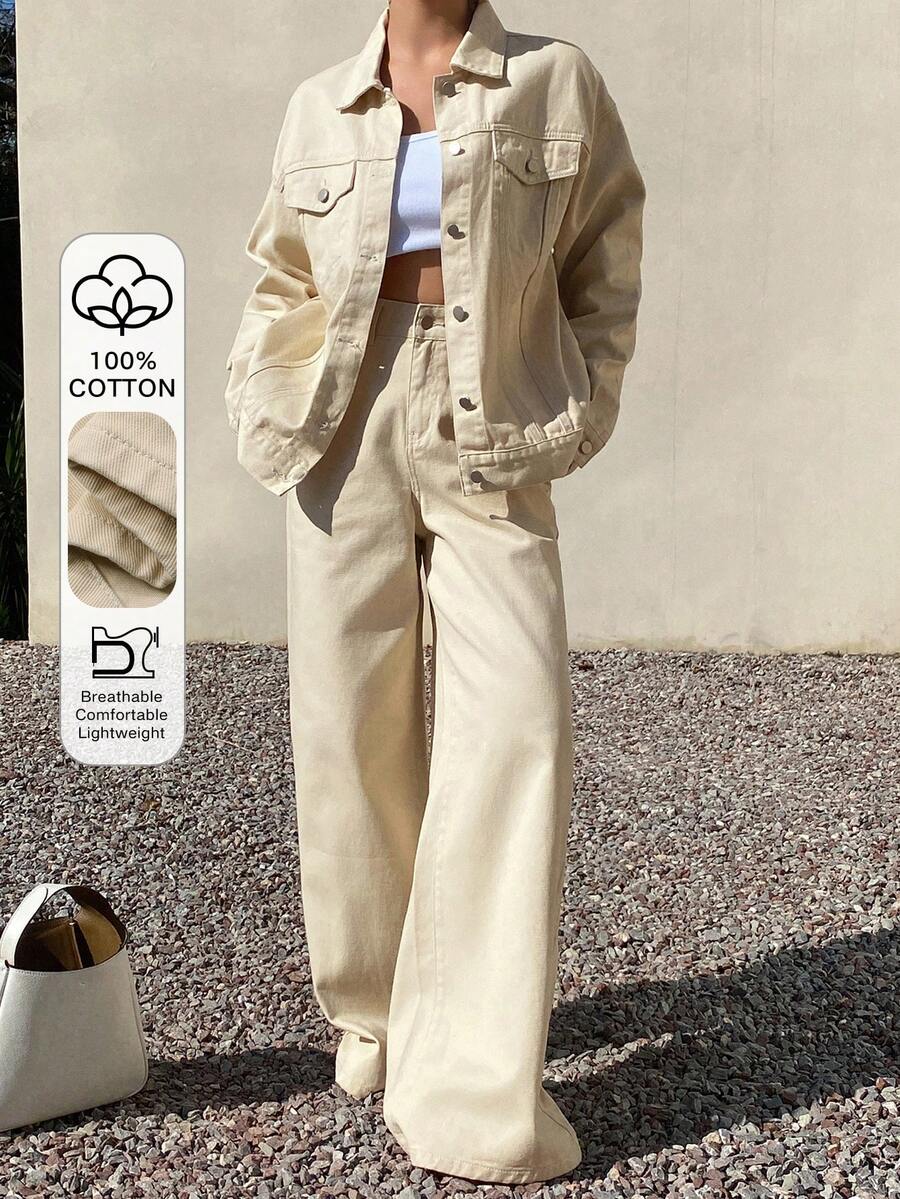 DAZY Bộ đồ nữ thường ngày gồm áo khoác màu trơn và quần jeans ống rộng. - Màu be - Xem 1