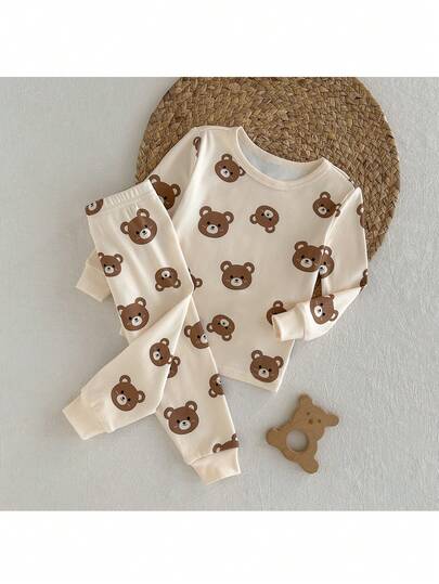 Loomiva Baby Boy Cartoon Bear Print Soft Knit Crew Neck Long Sleeve Top And Elastic Waist Long Pants 2-Piece Snug Fit Pajama Set