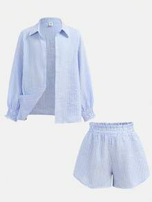 SHEIN Tween Girls Casual Everyday Polo Collar Textured Blue & White Striped Shirt + Shorts 2 Pieces Set - Blue and White - View 3