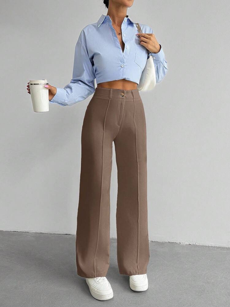 EURMUSE Petite Size Women's Casual Elegant Solid Color Straight Suit Pants Teachers' Day Office Coffee Brown Autumn - Brown - View 6
