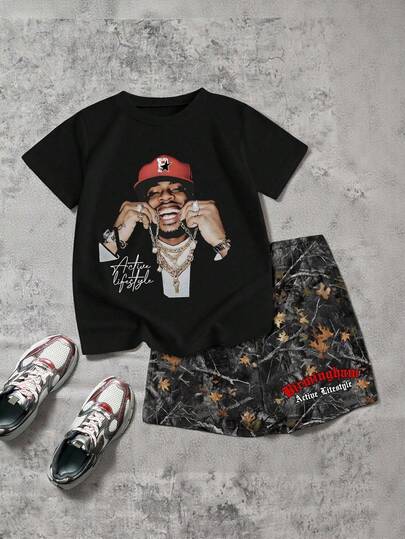 SHEIN Explorewe 2pcs/Set Men's Graphic Print Short Sleeve Crew Neck T-Shirt And Shorts Set  For Summer