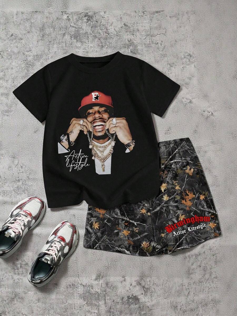 SHEIN Explorewe 2pcs/Set Men's Graphic Print Short Sleeve Crew Neck T-Shirt And Shorts Set  For Summer - Black - View 1