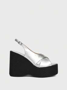 Sugerpunk Women's Thick Sole Sandals, Open Toe Platform Wedge Heels, Fashion Shoes - Silver - View 3