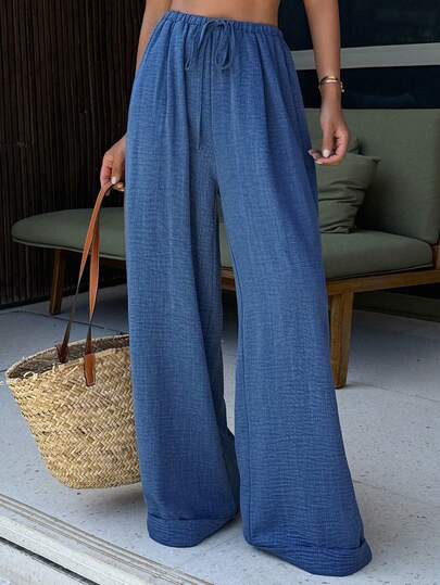 Livesso Women's Solid Color Drawstring Waist Casual Versatile Wide Leg Pants, Suitable For Daily Wear