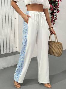 Cloudara Women Solid Color Linen Fabric And Side Patched Detailed Pants - White - View 1