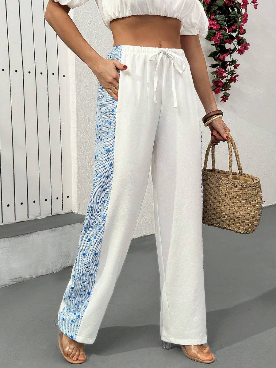 Cloudara Women Solid Color Linen Fabric And Side Patched Detailed Pants - White - View 1