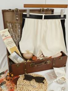 Franclia Women's Casual Everyday/Work Commute Contrast Piping Shorts With Belt - Apricot - View 2