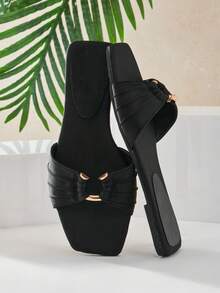 SHUZIA Glamorous Ladies' Black Slip-On Sandal Square Toe Sexy Cute Holiday Spring Summer Holiday Valentine Vacation Shoes - Black - View 1