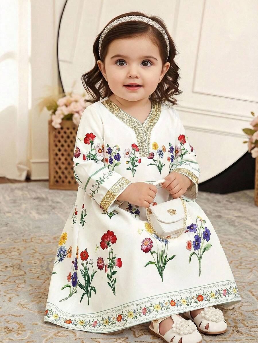 SHEIN 女婴碎花缎带饰边V领长袖连衣裙 - 彩色 - 查看 1