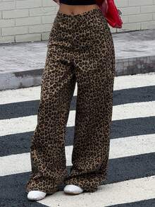 DAZY Jeans anchos y sueltos con estampado de leopardo, estilo casual y chic de la calle para uso diario - Marrón - Ver 4