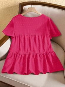 Rusticease Plus Size Women's Solid Color Round Neck Ruffle Short Sleeve Loose Blouse,Boho Summer,Western Wear Women,Vacation, Summer Tops - Hot Pink - View 2
