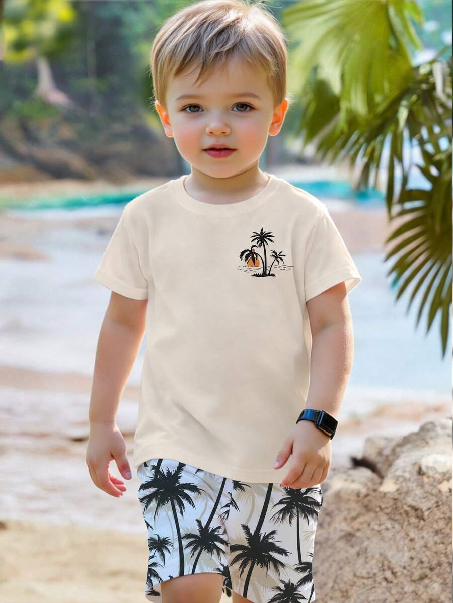 SHEIN Streecool Kids 2pcs/Set Toddler Boys' Casual Creative Coconut Tree, Sunset, Wave Graphic Print Short Sleeve T-Shirt And Shorts, Comfortable Daily Outfit, Suitable For Spring, Summer And Autumn - Multicolor - View 1