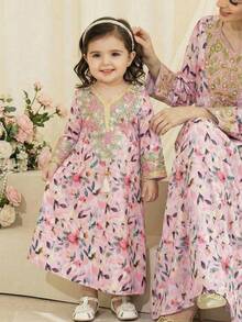 Baby Girl Elegant Floral Embroidery Long Sleeve Dress - Multicolor - View 5