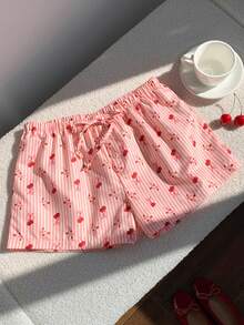 Comfortcana Quần short nữ kiểu dáng thường ngày kẻ sọc, họa tiết quả anh đào và hoa nhí, thích hợp cho mùa hè. - Hồng - Xem 4