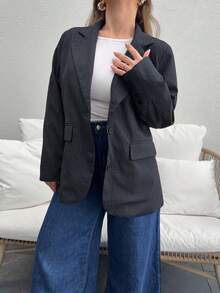 Jeta Ari 女士条纹印花休闲长袖西装外套复古风格商务休闲女装秋装 - 灰色 - 查看 3