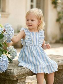 1件女婴可爱甜美田园风时尚休闲浅蓝白竖条纹荷叶边飘逸袖无袖方领A字连衣裙半身裙吊带裙柔软舒适，适合日常穿着、海滩度假、野餐、夏季和春季穿着。 - 藍白色 - 查看 8