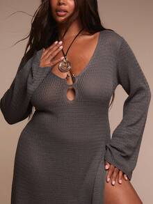 MUSERA 大码针织深V长袖连衣裙 春夏复活节海滩度假优雅旅行泳装沙滩装 Terra Sol 长裙 - 灰色 - 查看 2