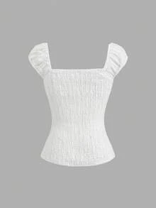 Sweetra 甜美辛辣纯色蕾丝边V领蝴蝶结修身100%纯棉夏季女式衬衫 - 白色 - 查看 2