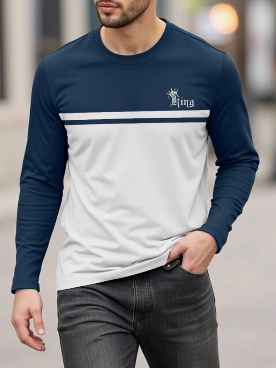 Manfinity Homme Men's Letter Crown Print Round Neck Long Sleeve Casual T-Shirt - Multicolor - View 1