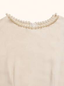 Lyxana Women's Elegant Sleeveless Pearl Decor Round Neck Dress - Apricot - View 3