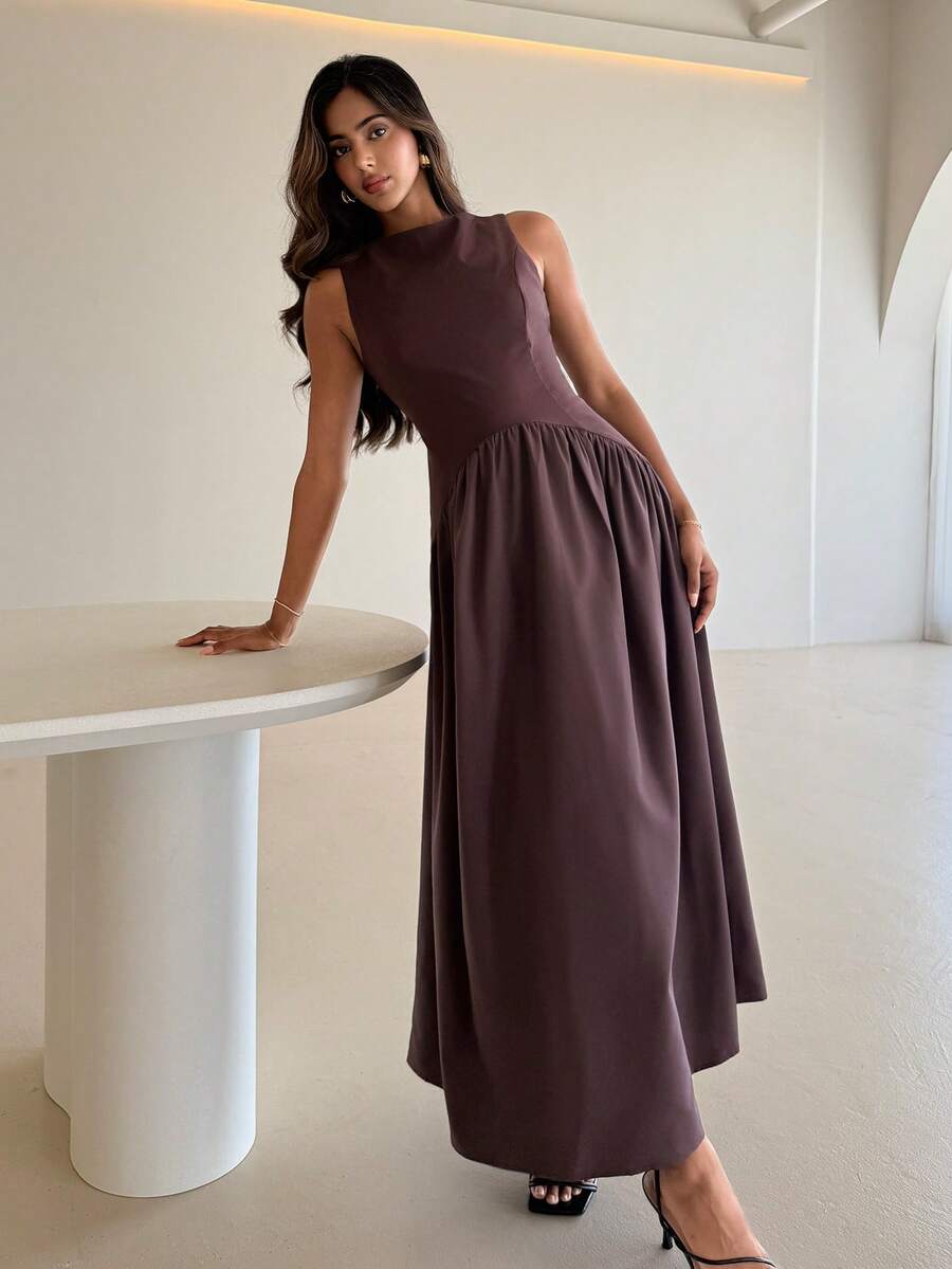 Aloruh 女士优雅露肩修身纯色沙滩度假复古风棕色连衣裙