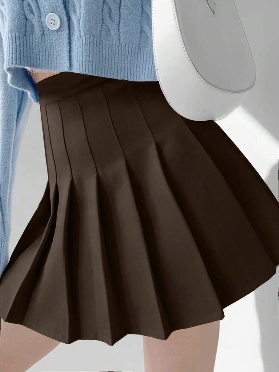 SHEIN Unity 女士休闲百搭纯色百褶迷你裙，夏季 - 棕色 - 查看 1
