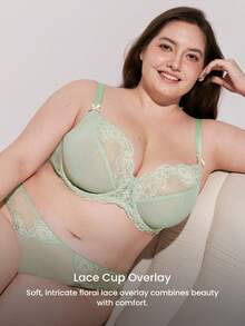 LUVLETTE Plus Woman Lingerie Full Coverage Support&Breathable Underwire Sexy Unlined Sheer Minimizer Green Lace Bra - Mint Green - View 6