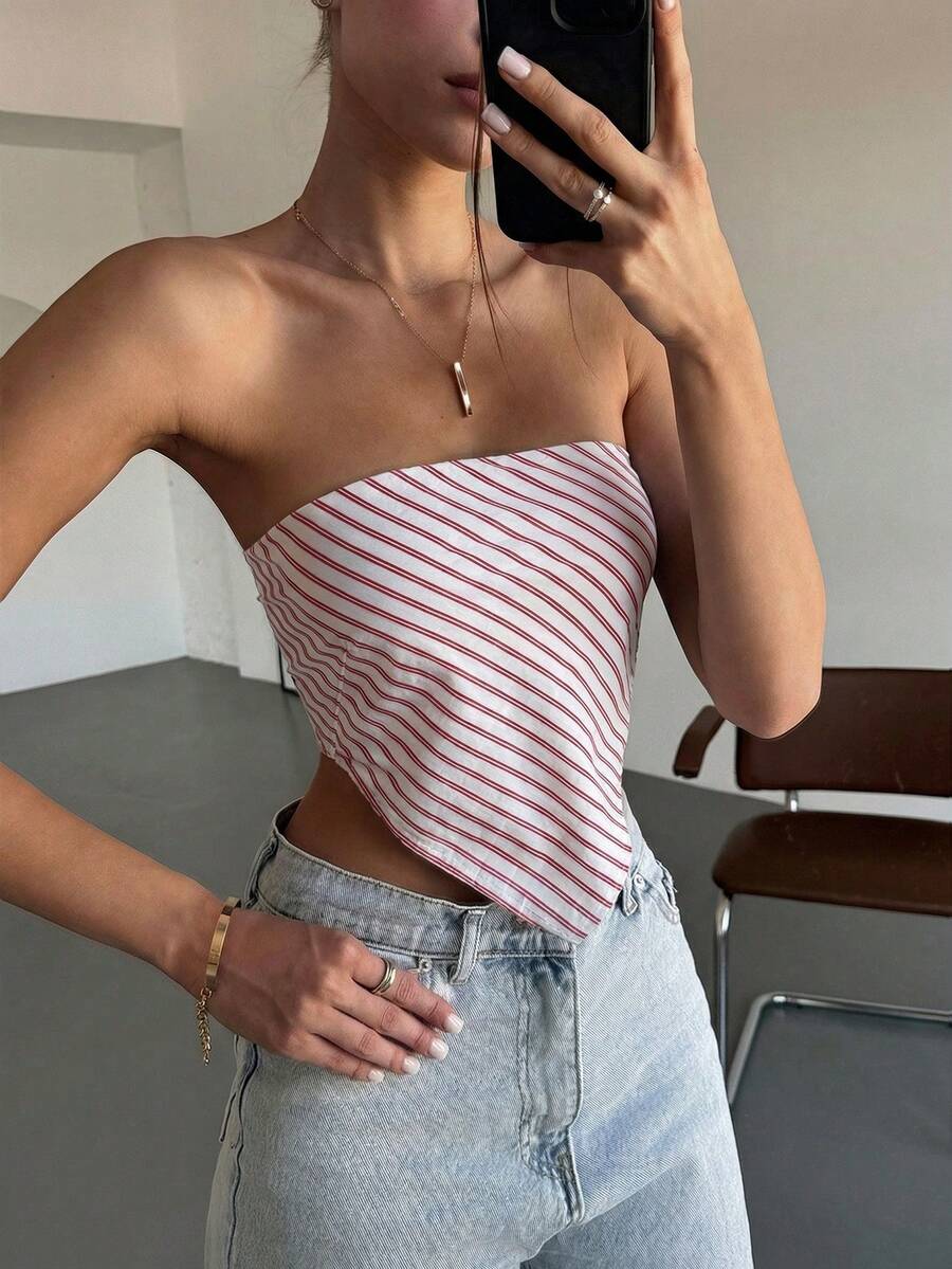 SHEIN EZwear Bufanda de rayas rojas y blancas para mujer, top tubo para uso al aire libre, primavera/verano - Rojo y blanco - Ver 1