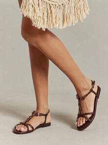 SHUZIA Women's Minimalist Comfortable, , Stone Chain Strap Flat Sandals - Chocolate Brown - View 2