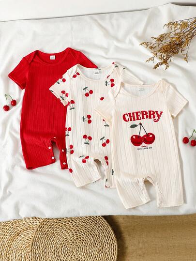 3pcs Baby Girls' Sweet Cherry Print Round Neck Short Sleeve Romper Set, Suitable For Home And Casual Daily Wear, Spring/Summer
