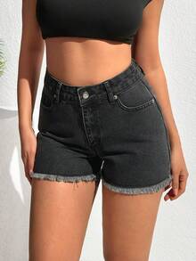 EURMUSE Shorts jeans femininos casuais para férias, uso diário, moda urbana chique e minimalista, cintura alta e barra desfiada, verão. - Lavagem Média - Ver 6