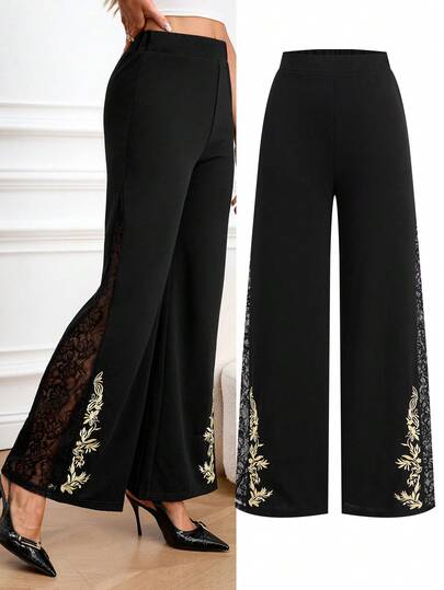Ellevyn Black Contrast Lace Rhinestone Decor Semi-Sheer Slit Fitted Women Straight Pants, Fashionable Summer Outfits For Women  Women's Casual And Elegant Outfits  Black Trousers, Casual And Versatile For Commuting, Stretch Knit Trousers With Embroidered Details At The Ankle And Gold Embroidery.