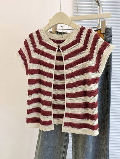 Franclia New Unique Striped Round Neck Cardigan, Versatile & Slimming Design For Women