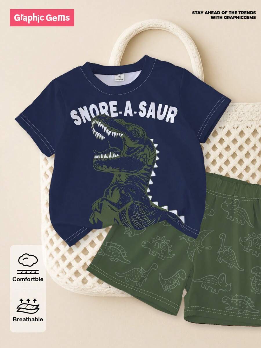 SHEIN GraphicGems 1 Bộ áo thun cổ tròn tay ngắn in hình khủng long hoạt hình dễ thương cho bé trai, thích hợp mặc ngoài trời, thể thao, đi học, xuân/hè - Nhiều màu - Xem 1